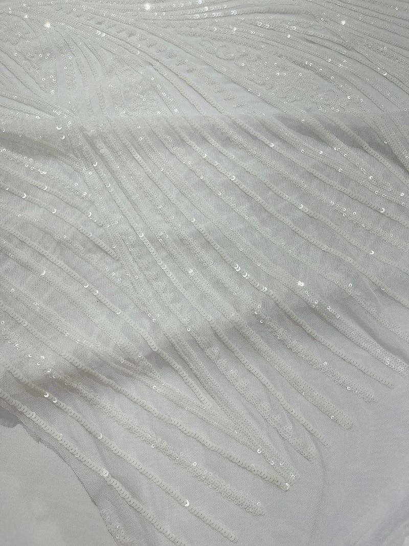 Geometric Feather wing shiny sequin design on a 4 way stretch mesh Fabric-old by the yard.