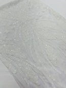 Feather damask shiny sequin design on a 4 way stretch mesh Fabric-sold by The yard.