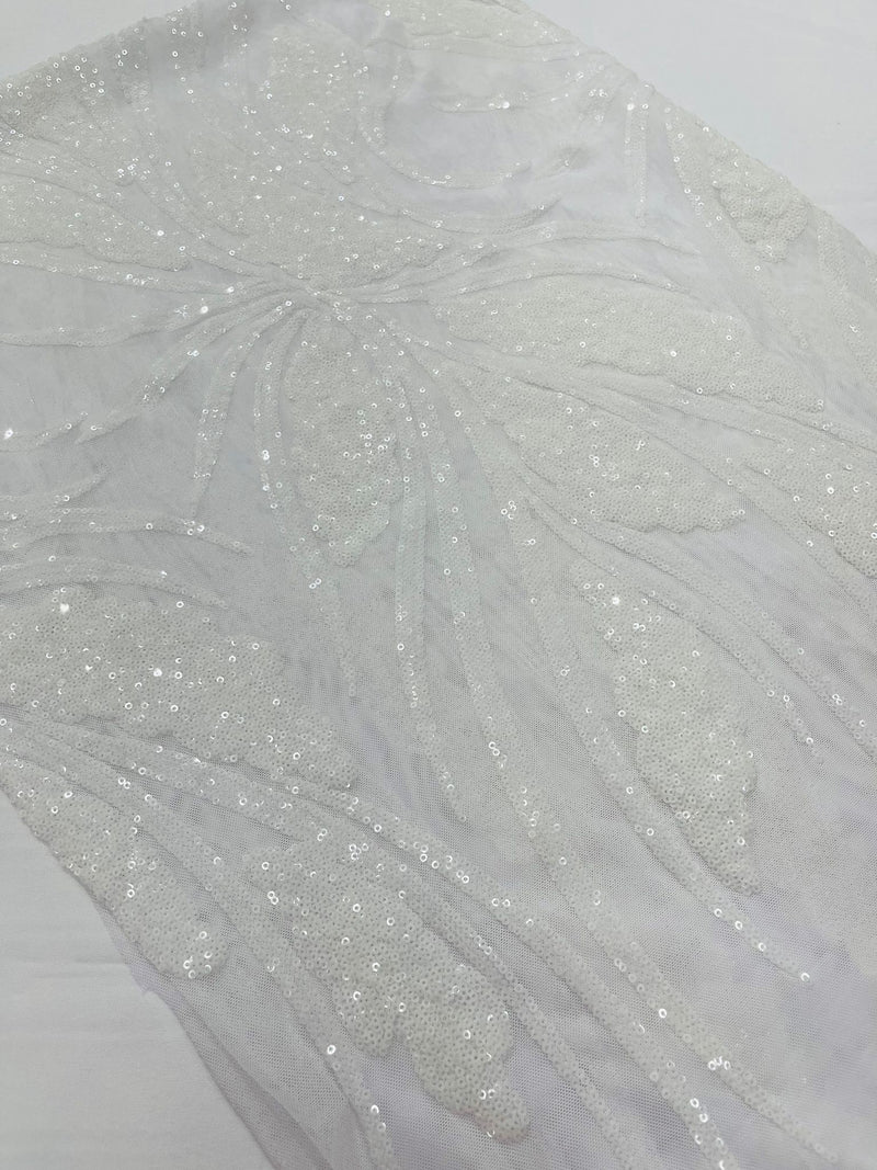 Feather damask shiny sequin design on a 4 way stretch mesh Fabric-sold by The yard.