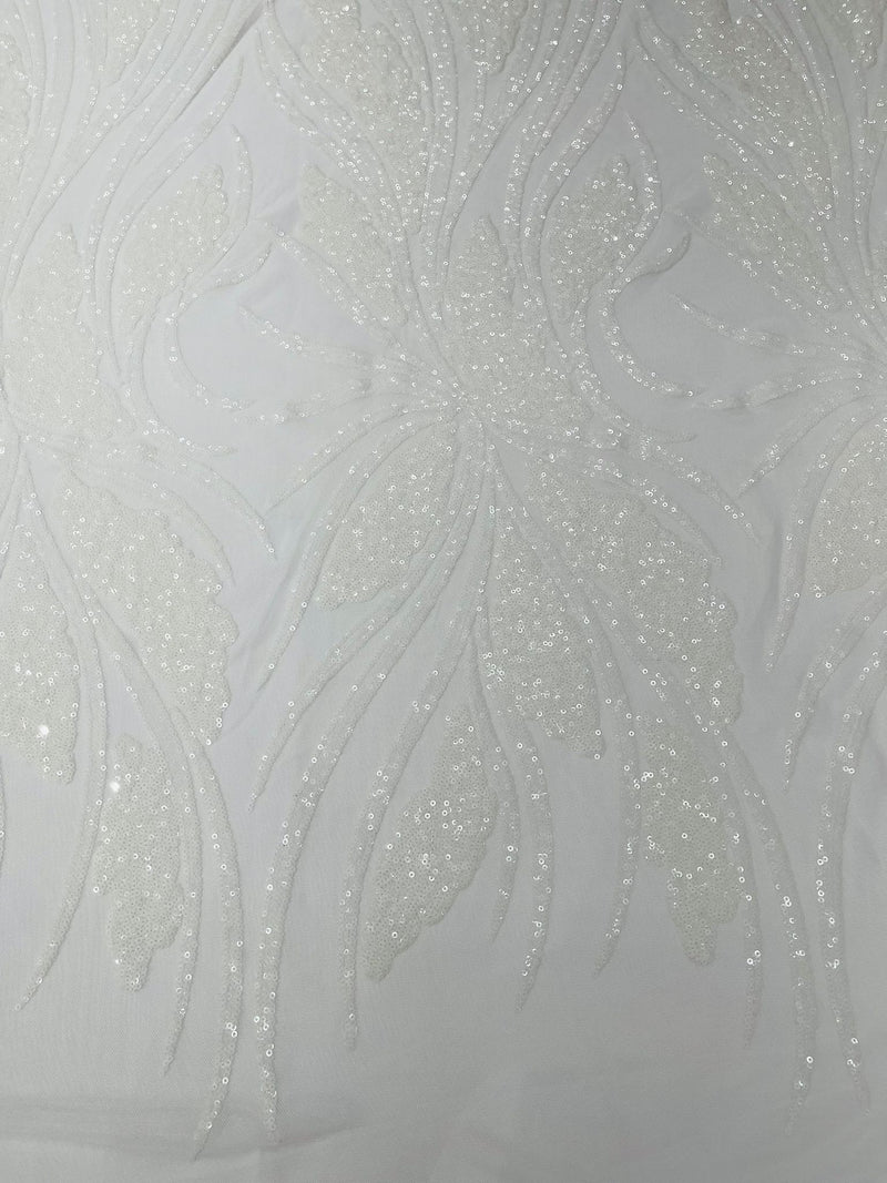 Feather damask shiny sequin design on a 4 way stretch mesh Fabric-sold by The yard.