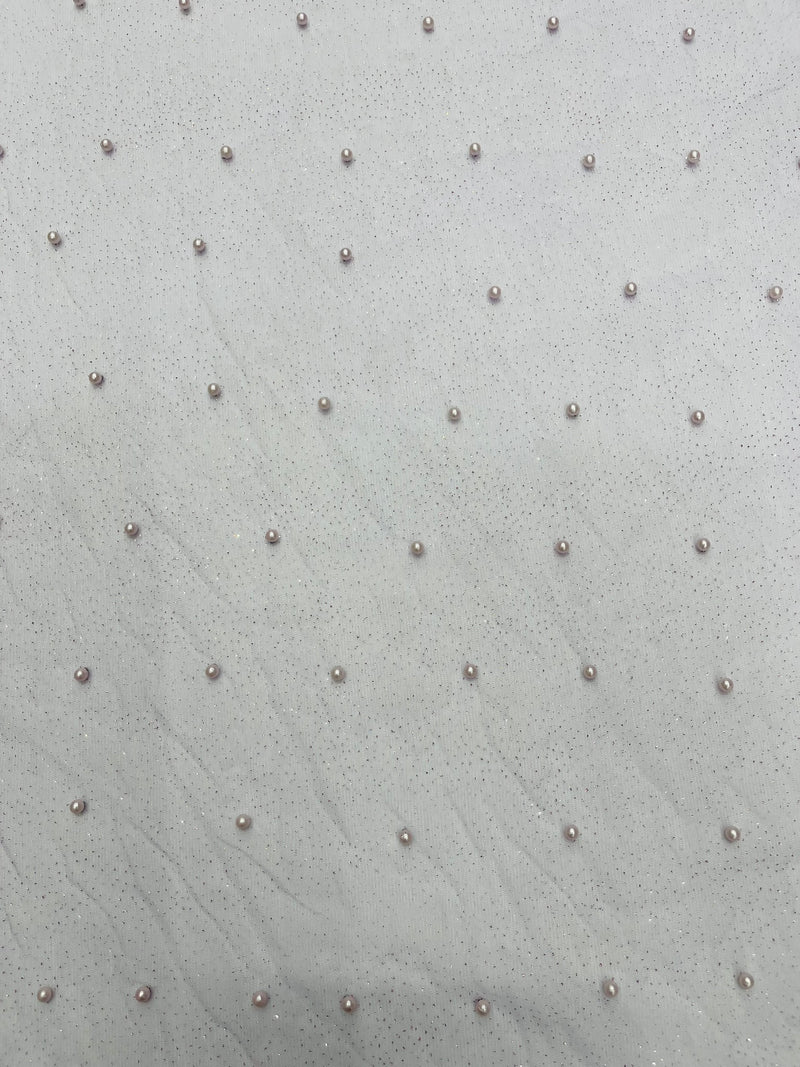 Pearl Glitter Studded Mesh, 2-Way Stretch Shimmer Mesh Fabric, Sold by the yard.