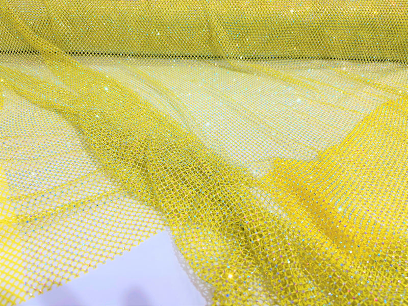 Yellow Fish Net Fabric Soft Stretch 45" Wide AB Iridescent Rhinestones-sold by The Yard.