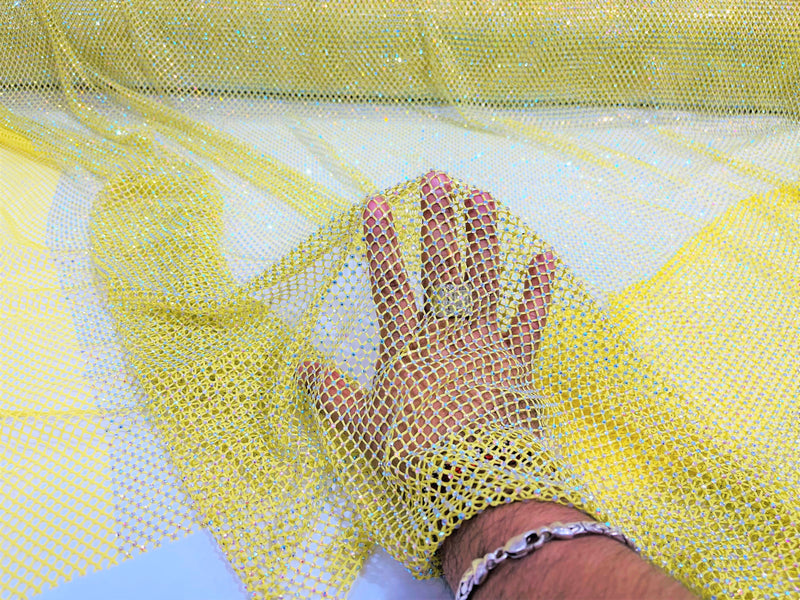 Yellow Fish Net Fabric Soft Stretch 45" Wide AB Iridescent Rhinestones-sold by The Yard.