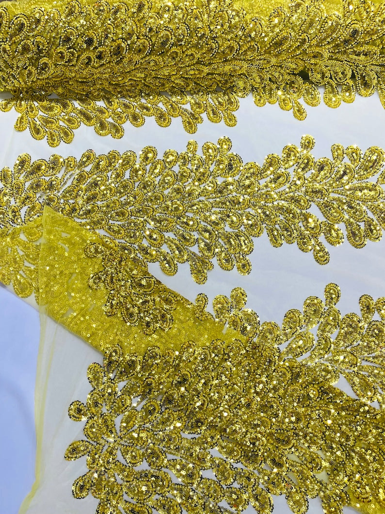 Yellow Vegas heavy beaded and sequins feather design embroidery on a mesh fabric-Sold by the 1 Feather Panel W-12Inc x L-48Inc.
