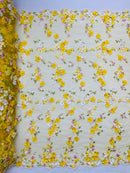 Multi color 3d floral Daisy design embroider with pearls in a mesh lace fabric -sold by the yard.