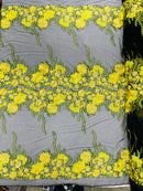 Roses Multi Color Floral Design Embroider On Mesh Lace Fabric (by the yard)