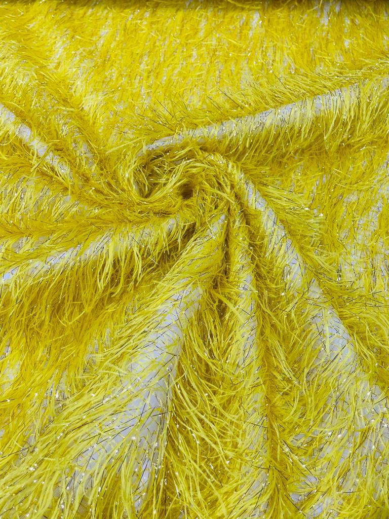 Yellow Shaggy Jacquard Faux Ostrich/Eye Lash Feathers Fringe With Metallic Thread By The Yard