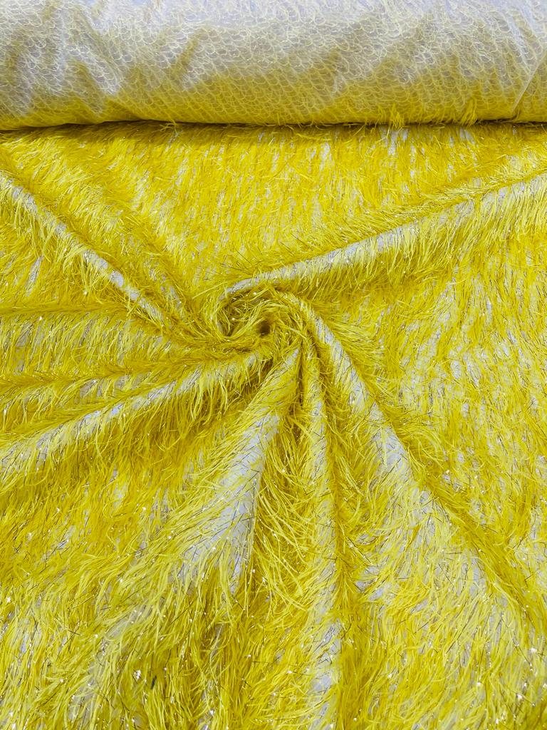 Yellow Shaggy Jacquard Faux Ostrich/Eye Lash Feathers Fringe With Metallic Thread By The Yard