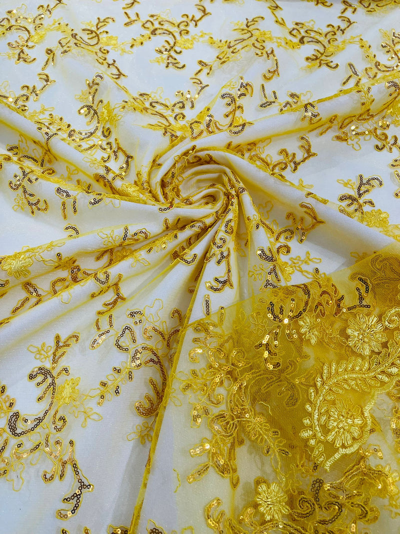 Yellow Flower lace corded and embroider with sequins on a mesh-Sold by the yard.