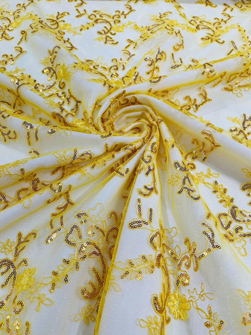 Yellow Flower lace corded and embroider with sequins on a mesh-Sold by the yard.