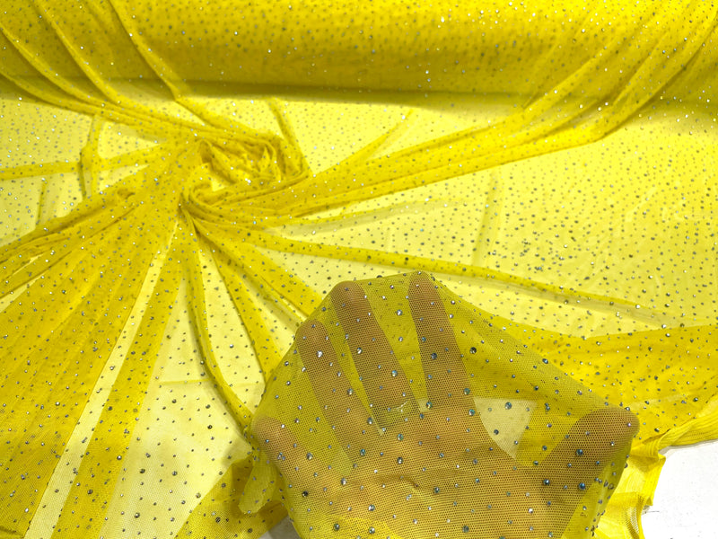 Yellow Sheer All Over AB Rhinestones On Stretch Power Mesh Fabric, Dancewear- Sold By The Yard.