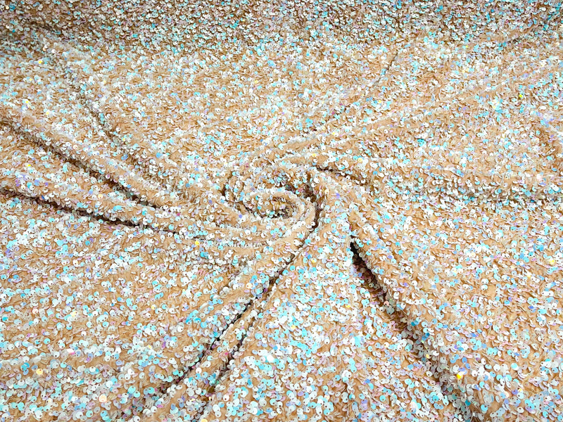 Aqua/White Iridescent Sequin On A Nude Stretch Velvet Fabric 5mm,58 Inches wide /Prom/ Sold By The Yard.