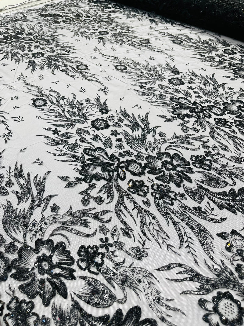 Big Glitter Damask Design On A Mesh Lace Fabric/Prom/Sold By The Yard