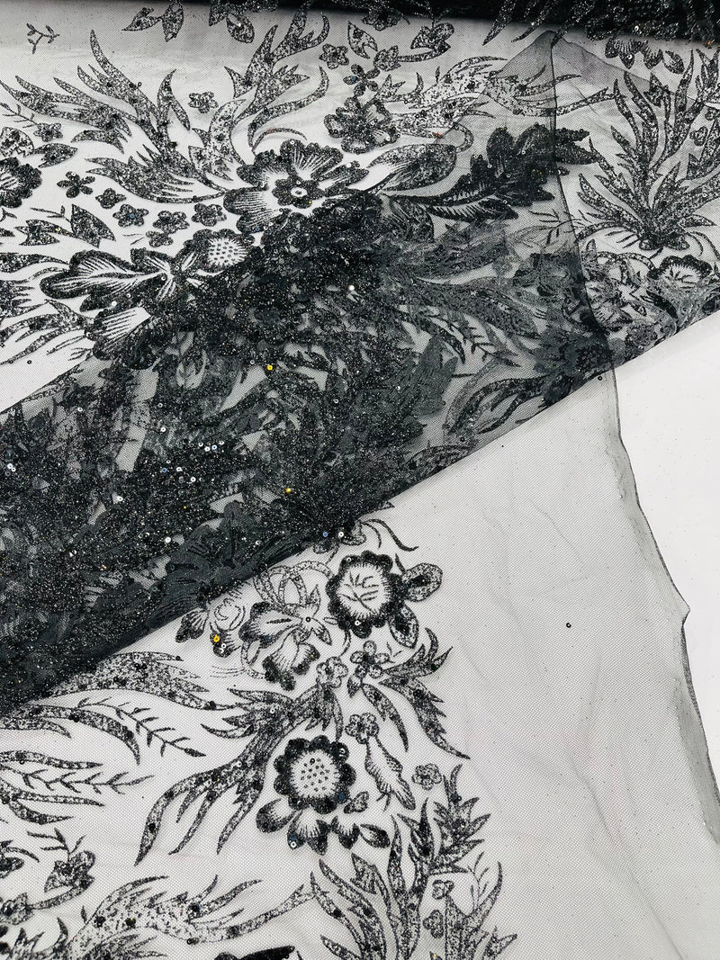 Big Glitter Damask Design On A Mesh Lace Fabric/Prom/Sold By The Yard