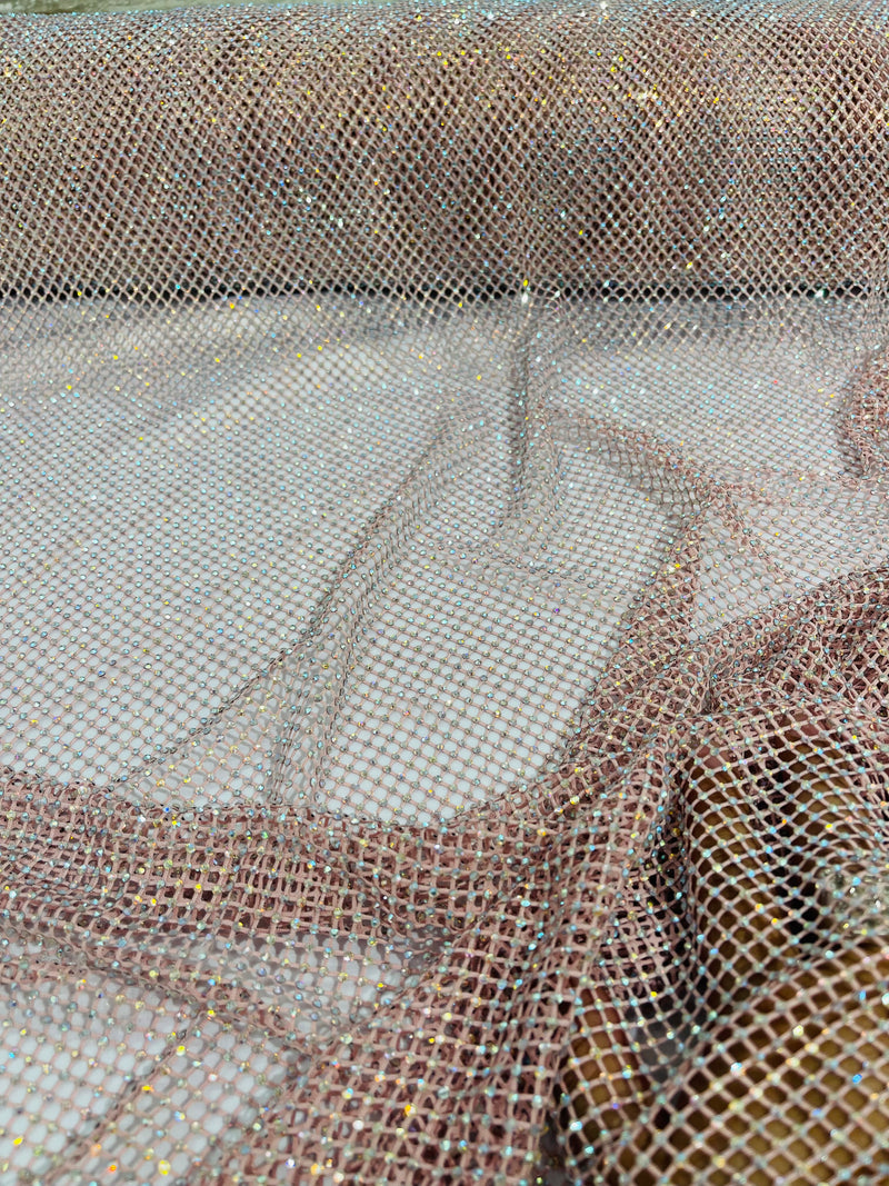 Blush Pink Fish Net Fabric Soft Stretch 45" Wide AB Iridescent Rhinestones-sold by The Yard.