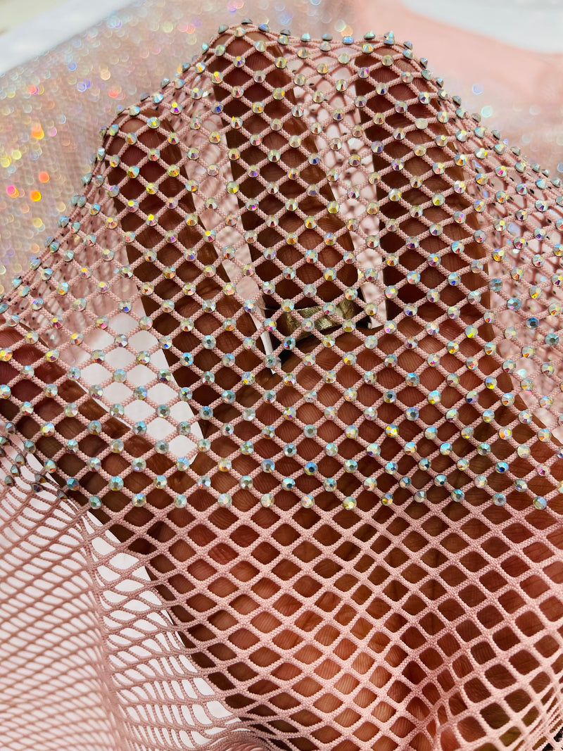 Blush Pink Fish Net Fabric Soft Stretch 45" Wide AB Iridescent Rhinestones-sold by The Yard.
