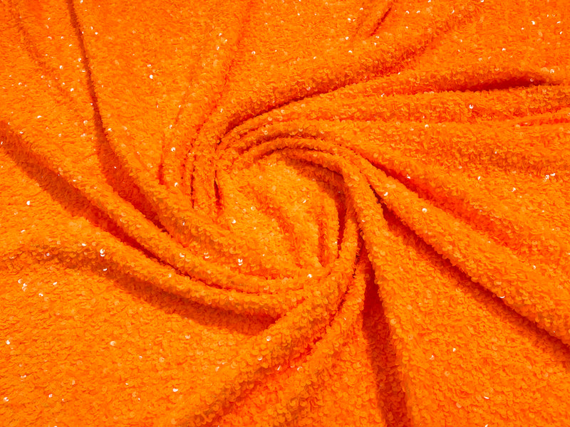 Glossy Neon Orange Sequin On A Orange Stretch Velvet Fabric 5mm,58 Inches wide /Prom/ Sold By The Yard.