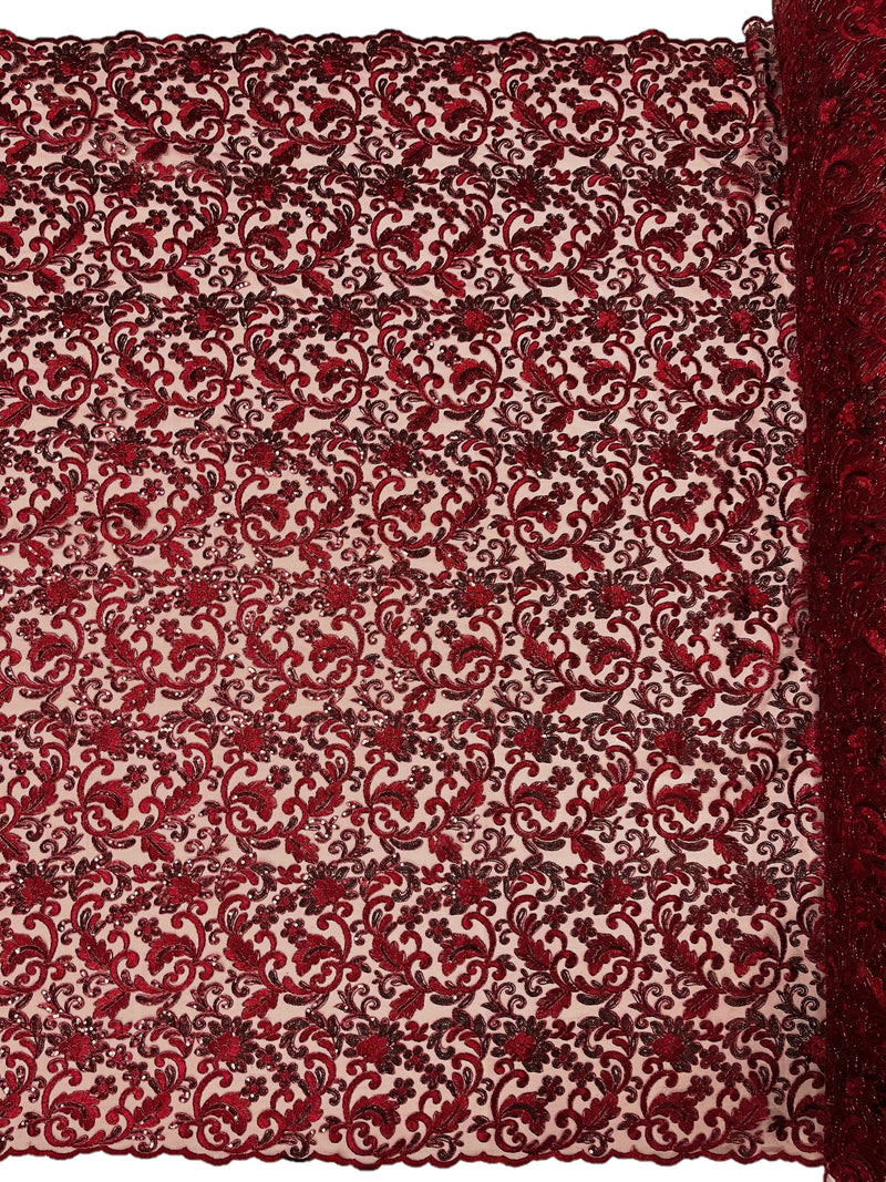 Burgundy Angela Metallic corded embroider flowers with sequins on a mesh lace fabric-prom-sold by the yard.