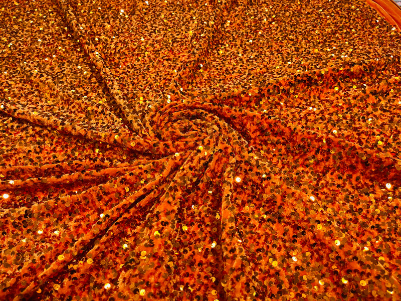 Orange Sequin On A Orange Stretch Velvet Fabric 5mm,58 Inches wide /Prom/ Sold By The Yard.