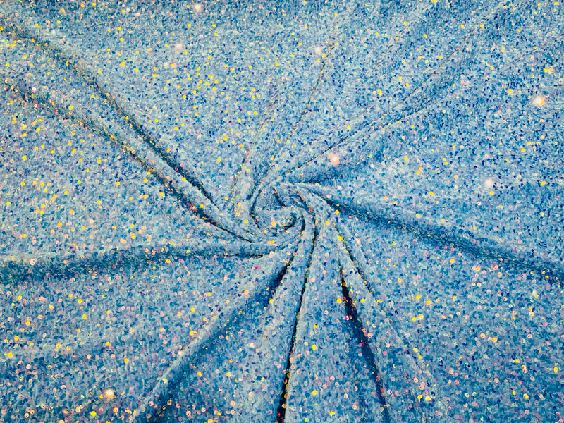 Clear Iridescent Sequin On A Light Blue Stretch Velvet Fabric 5mm,58 Inches wide /Prom/ Sold By The Yard.