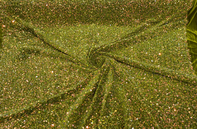 Clear Iridescent Sequin On A Olive Green Stretch Velvet Fabric 5mm,58 Inches wide /Prom/ Sold By The Yard.