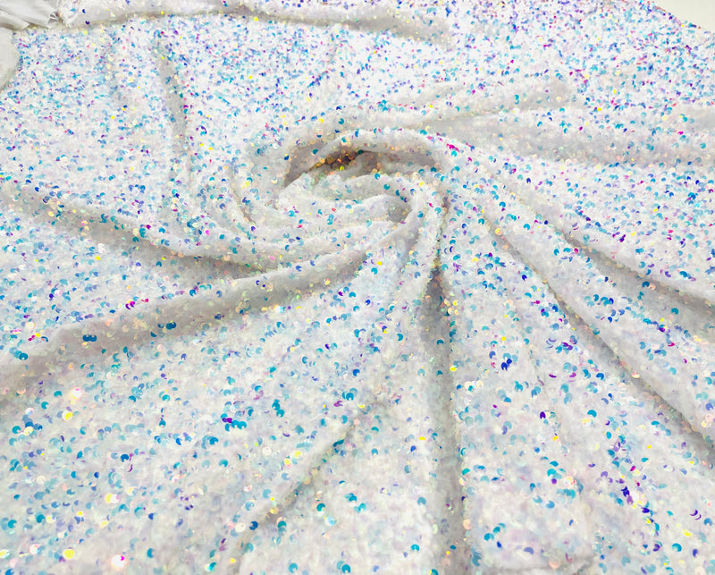 Clear Iridescent Sequin On A White Stretch Velvet Fabric 5mm,58 Inches wide /Prom/ Sold By The Yard.