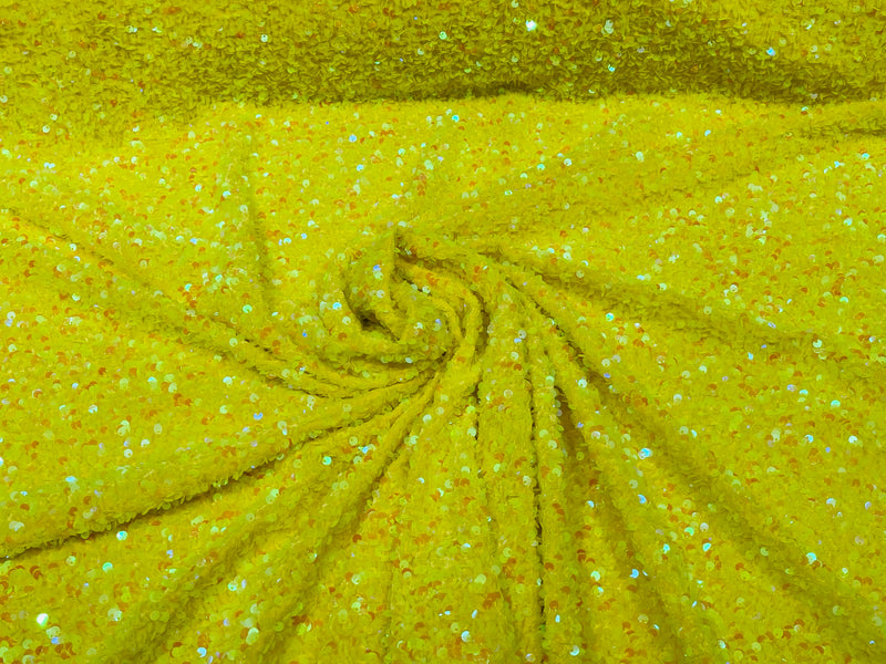 Clear Iridescent/Yellow Sequin Stretch Velvet Fabric 58 Inches wide /Prom/ Sold By The Yard.