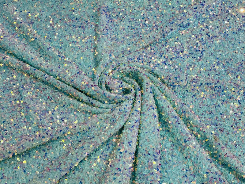 Clear Iridescent/Mint Green Sequin Stretch Velvet Fabric 58 Inches wide /Prom/ Sold By The Yard.