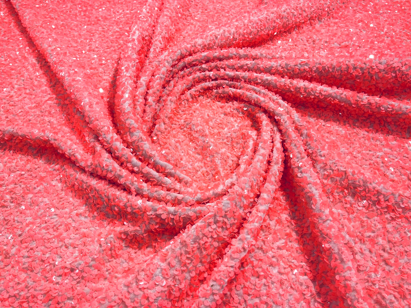 Glossy Coral Sequin On A Pink Stretch Velvet Fabric 5mm,58 Inches wide /Prom/ Sold By The Yard.
