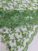 Corded Lace/ Butterfly Design Embroidered With Sequin on a Mesh Lace Fabric - New Creations Fabric & Foam Inc