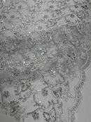 Corded Lace/ Butterfly Design Embroidered With Sequin on a Mesh Lace Fabric - New Creations Fabric & Foam Inc
