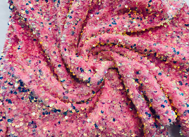 Clear Iridescent Sequin On A Pink Stretch Velvet Fabric 5mm,58 Inches wide /Prom/ Sold By The Yard.
