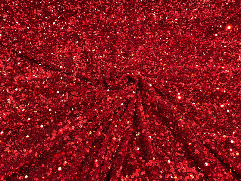 Dark Red Sequin On A Cranberry Stretch Velvet Fabric 5mm,58 Inches wide /Prom/ Sold By The Yard.