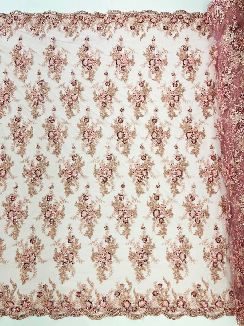 Dusty Rose Gorgeous French design embroider and beaded on a mesh lace. Wedding/Bridal/Prom/Nightgown fabric