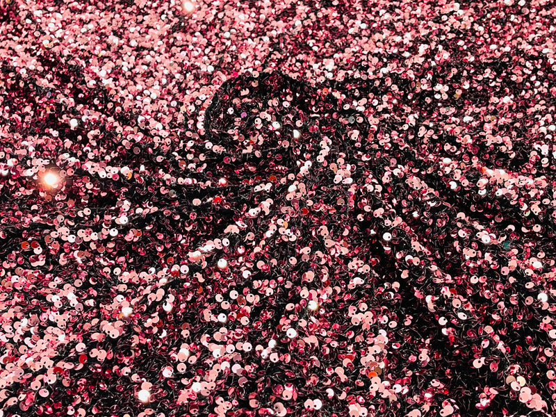 Dusty Rose Sequin On A Black Stretch Velvet Fabric 5mm,58 Inches wide /Prom/ Sold By The Yard.