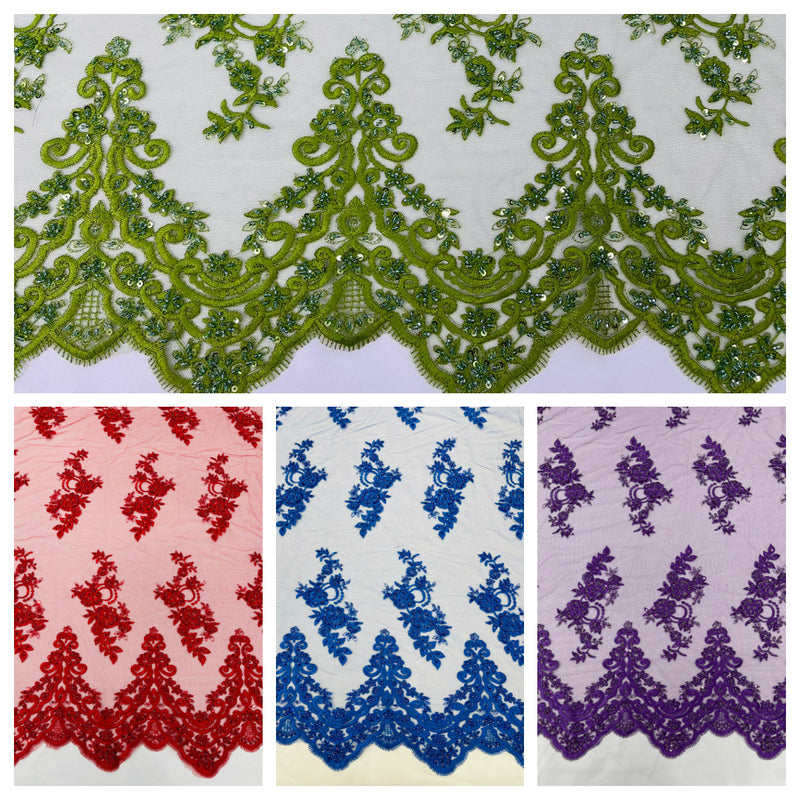 ELEGANT BEADED FLORAL LACE ON MESH FABRIC (By The Yard)