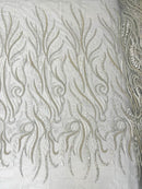 FEATHER BEADED LACE ON MESH FABRIC (By The Yard) - New Creations Fabric & Foam Inc