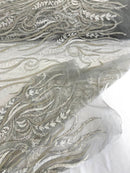 FEATHER BEADED LACE ON MESH FABRIC (By The Yard) - New Creations Fabric & Foam Inc