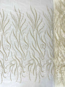 FEATHER BEADED LACE ON MESH FABRIC (By The Yard) - New Creations Fabric & Foam Inc