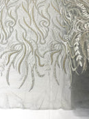 FEATHER BEADED LACE ON MESH FABRIC (By The Yard) - New Creations Fabric & Foam Inc