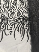 FEATHER BEADED LACE ON MESH FABRIC (By The Yard) - New Creations Fabric & Foam Inc