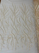 FEATHER BEADED LACE ON MESH FABRIC (By The Yard) - New Creations Fabric & Foam Inc