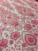 Floral 3D Palm Damask with Glitter in a Mesh Lace| New Creations Fabric & Foam Inc. - New Creations Fabric & Foam Inc