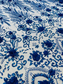 Floral 3D Palm Damask with Glitter in a Mesh Lace| New Creations Fabric & Foam Inc. - New Creations Fabric & Foam Inc