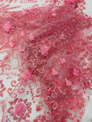 Floral 3D Palm Damask with Glitter in a Mesh Lace| New Creations Fabric & Foam Inc. - New Creations Fabric & Foam Inc