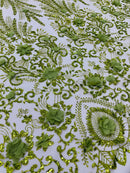 Floral 3D Palm Damask with Glitter in a Mesh Lace| New Creations Fabric & Foam Inc. - New Creations Fabric & Foam Inc
