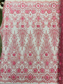 Floral 3D Palm Damask with Glitter in a Mesh Lace| New Creations Fabric & Foam Inc. - New Creations Fabric & Foam Inc