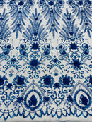 Floral 3D Palm Damask with Glitter in a Mesh Lace| New Creations Fabric & Foam Inc. - New Creations Fabric & Foam Inc