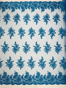 Floral corded embroider with sequins on a mesh lace fabric - prom - sold by the yard. - New Creations Fabric & Foam Inc