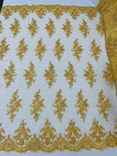 FLORAL DAMASK BEADED LACE ON MESH FABRIC (By The Yard) - New Creations Fabric & Foam Inc